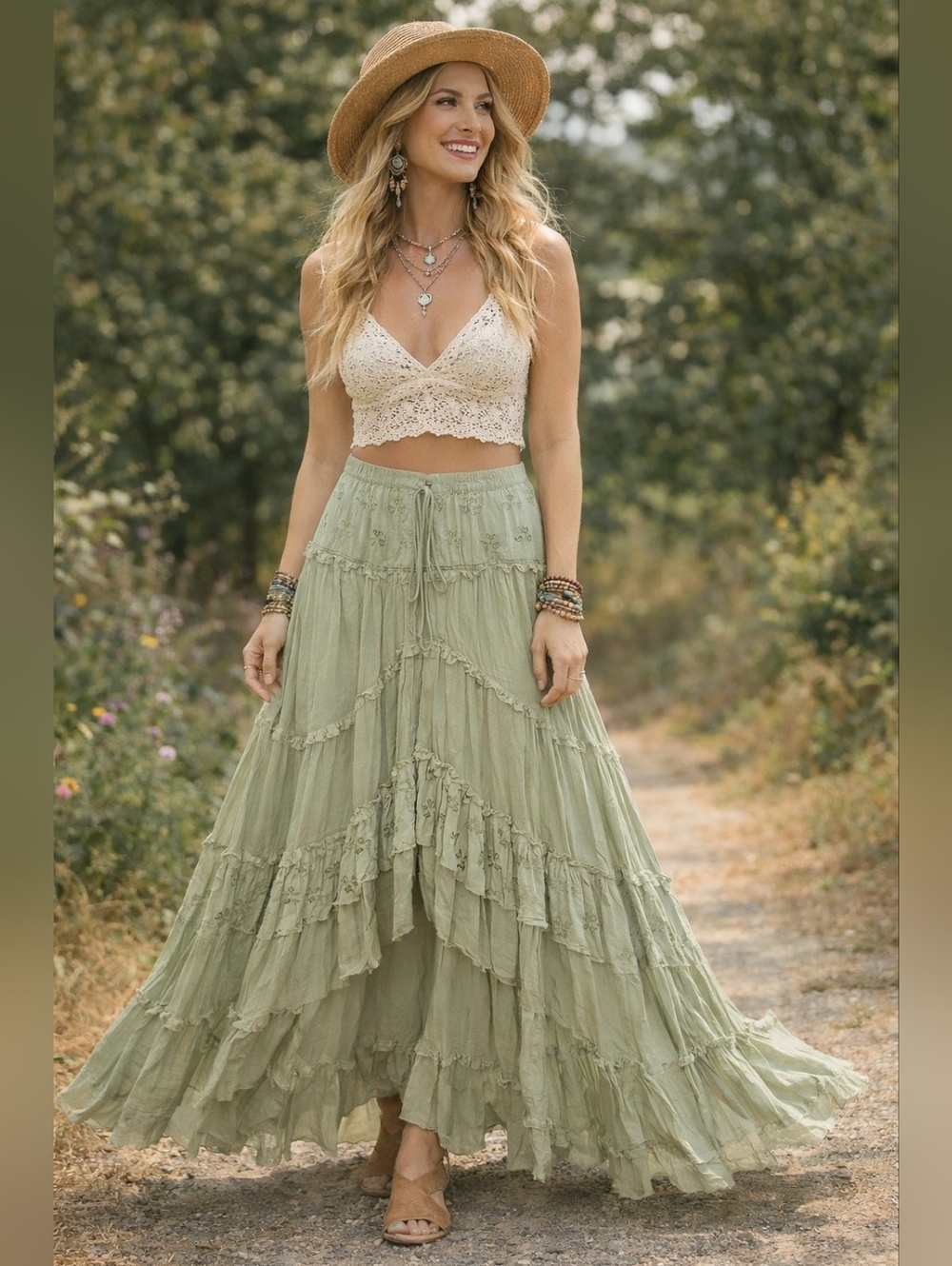 Bohemian Sage Tiered Maxi Skirt - Women's Long Flowing Skirt